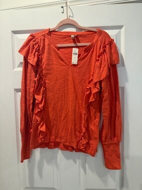 Pilcro Orange Ruffle V-Neck Sweater